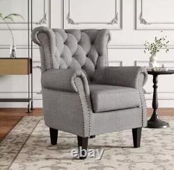 Chesterfield Linen Buttoned Wing Back Rivet Armchair Fireside Sofa Bedroom Chair