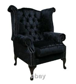 Chesterfield Queen Anne High Back Fireside Wing Chair Black Crushed Velvet