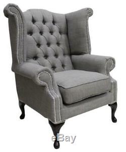Chesterfield Queen Anne High Back Fireside Wing Chair Charles Slate Grey Linen