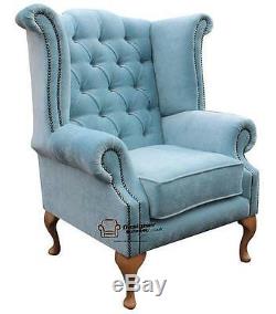 Chesterfield Queen Anne High Back Fireside Wing Chair Duck Egg Blue Fabric Yew