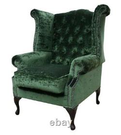Chesterfield Queen Anne High Back Fireside Wing Chair Forest Green Fabric