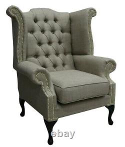 Chesterfield Queen Anne High Back Fireside Wing Chair Linen Fudge Brown Fabric