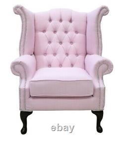 Chesterfield Queen Anne High Back Fireside Wing Chair Linen Pink Fabric