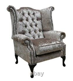 Chesterfield Queen Anne High Back Fireside Wing Chair Mink Crushed Velvet