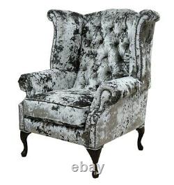 Chesterfield Queen Anne High Back Fireside Wing Chair Minstral Crushed Velvet