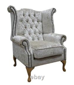 Chesterfield Queen Anne High Back Fireside Wing Chair Pearl Crushed Velvet