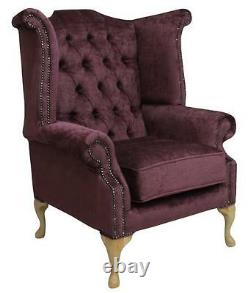 Chesterfield Queen Anne High Back Fireside Wing Chair Pimlico Burgandy Fabric LL
