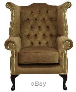 Chesterfield Queen Anne High Back Fireside Wing Chair Pimlico Corn Fabric Brass