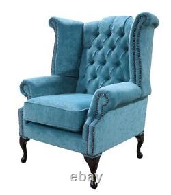 Chesterfield Queen Anne High Back Fireside Wing Chair Pimlico Teal Blue Fabric