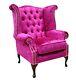 Chesterfield Queen Anne High Back Fireside Wing Chair Pink Crushed Velvet