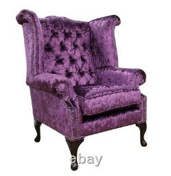 Chesterfield Queen Anne High Back Fireside Wing Chair Purple Crushed Velvet