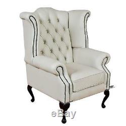 Chesterfield Queen Anne High Back Fireside Wing Chair Real Genuine White Leather