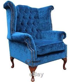 Chesterfield Queen Anne High Back Fireside Wing Chair Royal Blue Fabric