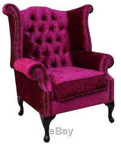 Chesterfield Queen Anne High Back Fireside Wing Chair Shimmer Fuchsia Velvet