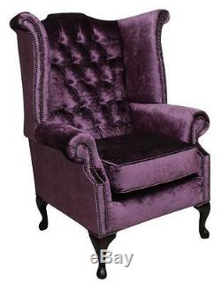 Chesterfield Queen Anne High Back Fireside Wing Chair Shimmer Grape Velvet