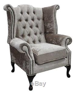 Chesterfield Queen Anne High Back Fireside Wing Chair Shimmer Mink Velvet