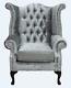 Chesterfield Queen Anne High Back Fireside Wing Chair Shimmer Silver Velvet Ss