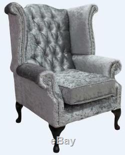Chesterfield Queen Anne High Back Fireside Wing Chair Shimmer Silver Velvet SS