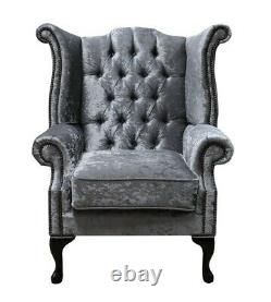 Chesterfield Queen Anne High Back Fireside Wing Chair Silver Crushed Velvet
