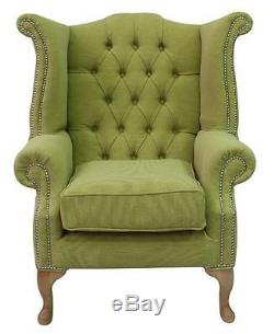 Chesterfield Queen Anne High Back Fireside Wing Chair Verity Lime Green Fabric