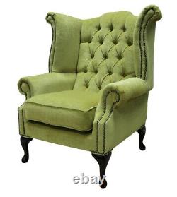Chesterfield Queen Anne High Back Fireside Wing Chair Zest Green Fabric
