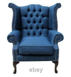 Chesterfield Queen Anne High Back Wing Chair Fireside Midnight Blue Linen Fabric