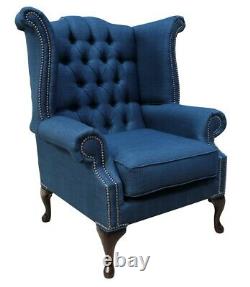 Chesterfield Queen Anne High Back Wing Chair Fireside Midnight Blue Linen Fabric