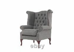 Chesterfield Queen Anne High Back Wing Chair Fireside Slate Grey Linen Fabric
