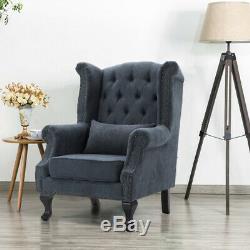Chesterfield Queen Anne High Wing Back Fireside Armchair Chair Fabric Seat Grey