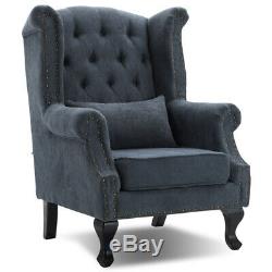 Chesterfield Queen Anne High Wing Back Fireside Armchair Chair Fabric Seat Grey