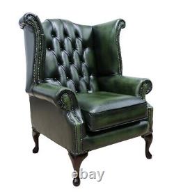 Chesterfield Queen Anne Real Leather High Back Fireside Wing Chair Antique Green
