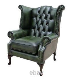 Chesterfield Queen Anne Real Leather High Back Fireside Wing Chair Antique Green