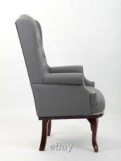 Chesterfield Queen Anne Style High Back Chair Leather Armchair Wingback Fireside