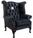Chesterfield Queen Anne Wing High Back Fireside Chair Antique Blue Leather