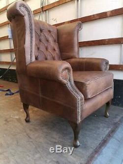 Chesterfield Queen Anne Wing High Back Fireside Chair Antique brown Leather