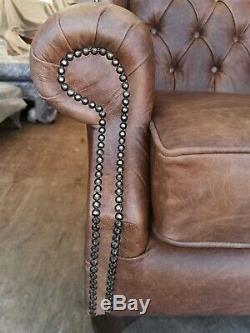 Chesterfield Queen Anne Wing High Back Fireside Chair Antique brown Leather
