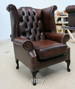 Chesterfield Queen Anne Wingback Fireside Armchair Vintage Brown Leather