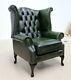 Chesterfield Queene Anne Wingback Fireside Armchair Vintage Green Leather