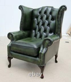 Chesterfield Queene Anne Wingback Fireside Armchair Vintage Green Leather