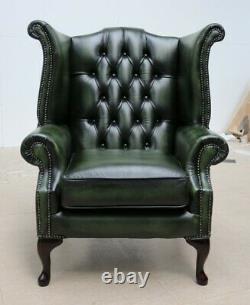 Chesterfield Queene Anne Wingback Fireside Armchair Vintage Green Leather