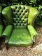 Chesterfield Queene Anne Wingback Fireside Armchair Vintage Green Leather Used