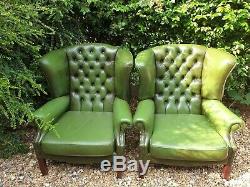 Chesterfield Queene Anne Wingback Fireside Armchair Vintage Green Leather Used