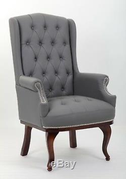 Chesterfield Style Queen Anne Fireside Orthopedic Wing High Back Bonded Leather