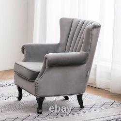 Chesterfield Velvet Studded Wingback Armchair Home Reception Fireside Chair Grey