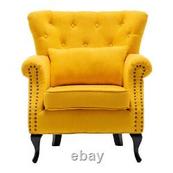 Chesterfield Velvet Yellow Armchair Wing Back Button Chair Fireside Rivet Sofa