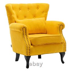 Chesterfield Velvet Yellow Armchair Wing Back Button Chair Fireside Rivet Sofa
