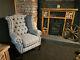 Chesterfield Wingback Queen Anne Style Fireside Chair Stylish Light Grey Tartan