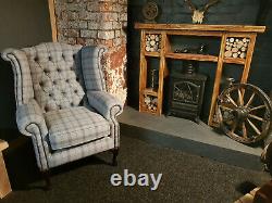 Chesterfield WingBack Queen Anne Style Fireside Chair Stylish Light Grey Tartan