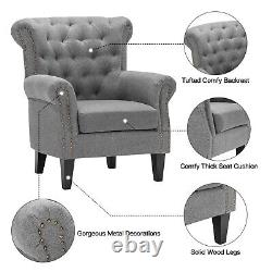Chesterfield Wing Back Armchair Button Linen Queen Anne Fireside Lounge Chair