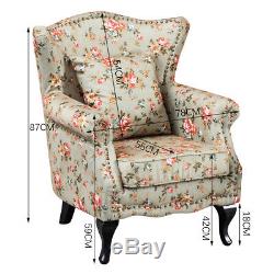 Chesterfield Wing Back Armchair Floral Fabric Fireside Sofa Seat Vintage Studded